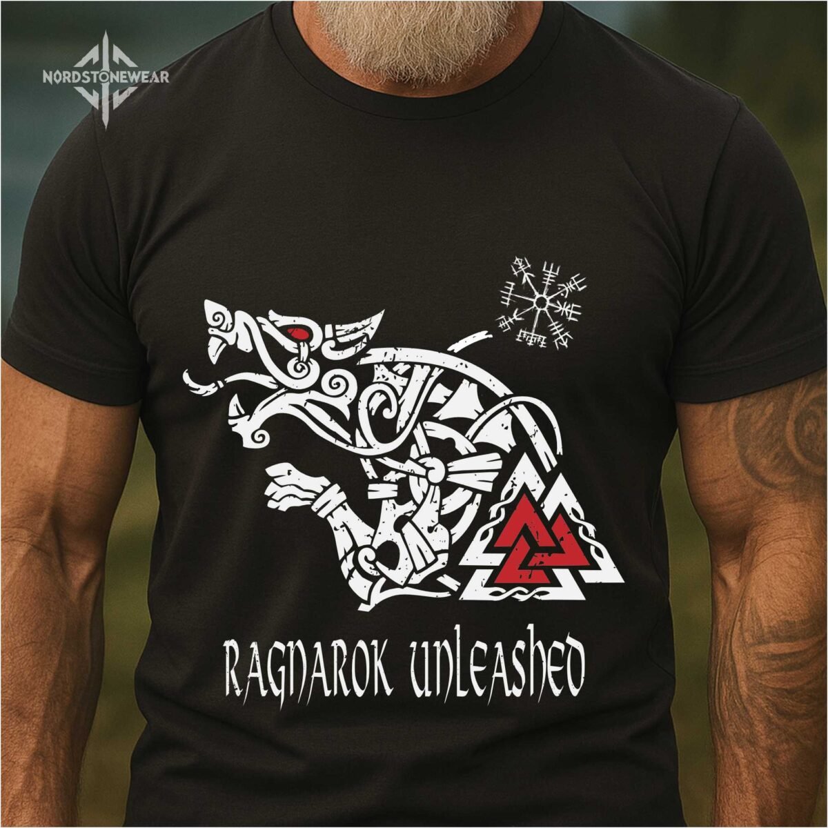 “Ragnarok Unleashed Viking T-Shirt with Norse wolf, Valknut symbol and Vegvisir rune
