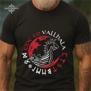 Ride to Valhalla Viking longship T-shirt with rune circle and red moon design