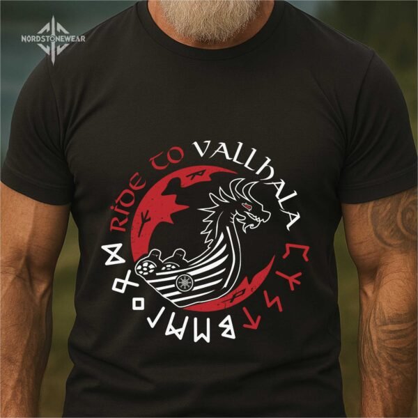 Viking Longship.jpg Ride to Valhalla Viking longship T-shirt with rune circle and red moon design