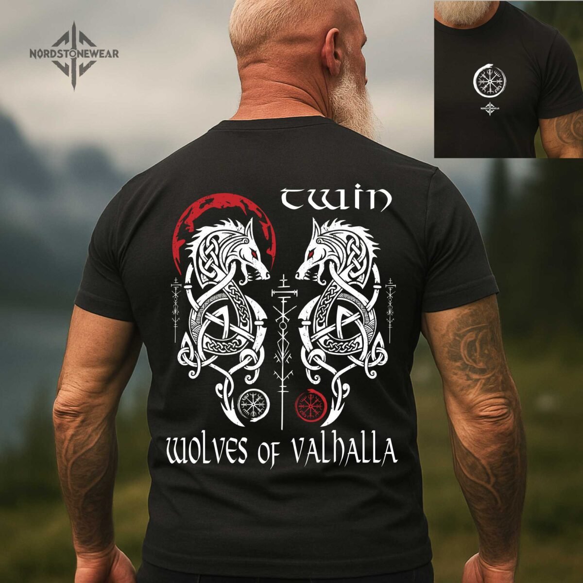Twin Wolves of Valhalla Viking T-Shirt with Norse knotwork wolf design and red moon
