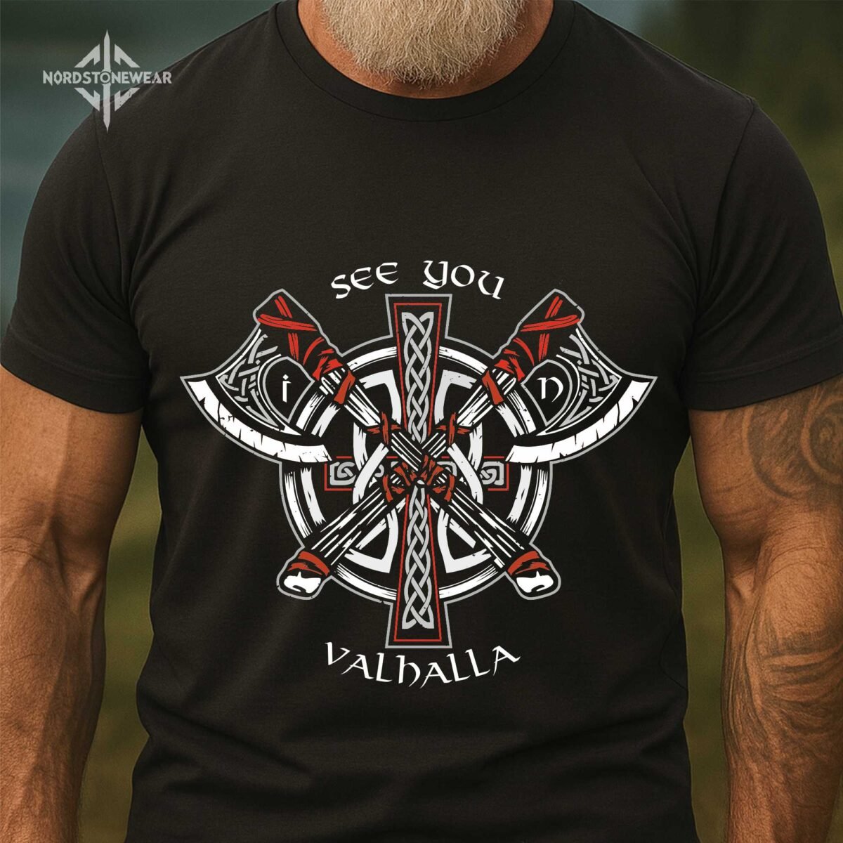 See You in Valhalla Viking T-Shirt with crossed axes and Norse knotwork
