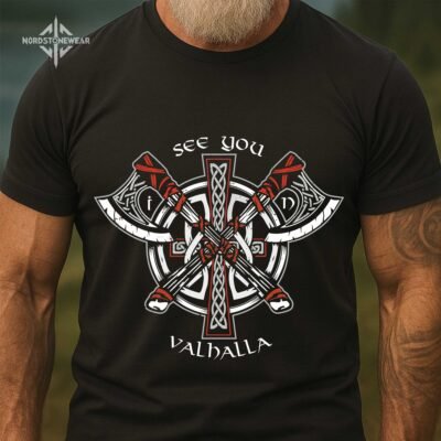 See You in Valhalla Viking T-Shirt with crossed axes and Norse knotwork