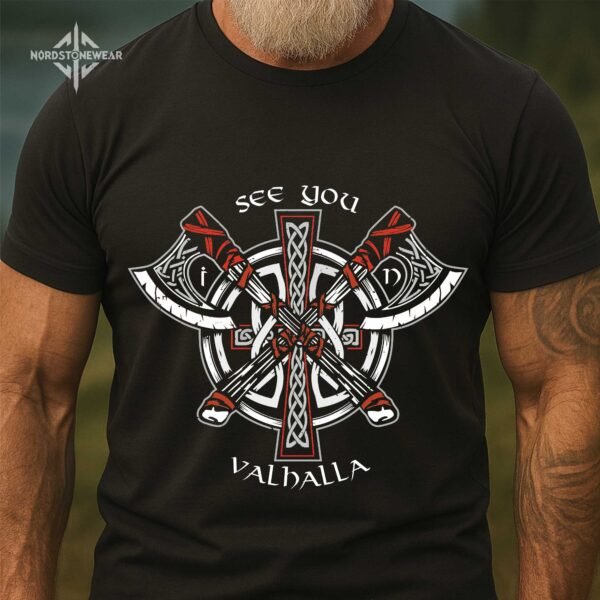 see-you-in-valhalla-viking-axes-shirt.jpg See You in Valhalla Viking T-Shirt with crossed axes and Norse knotwork