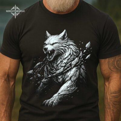 Viking Fenrir wolf t shirt worn by model Norse mythology warrior style