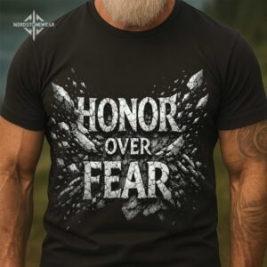 Honor Over Fear Viking t shirt stone carved warrior typography on black fabric
