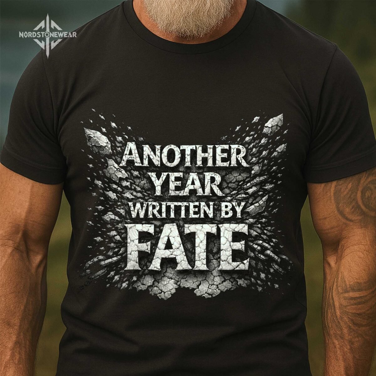 Another Year Written by Fate t shirt Viking warrior quote stone carved typography on black fabric