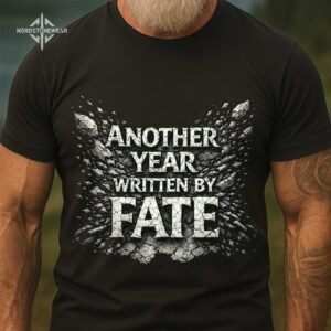 Another Year Written by Fate t shirt Viking warrior quote stone carved typography on black fabric