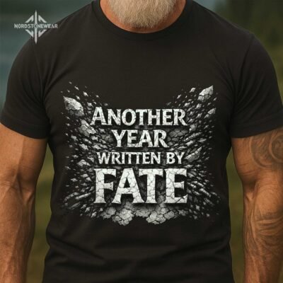 Another Year Written by Fate t shirt Viking warrior quote stone carved typography on black fabric