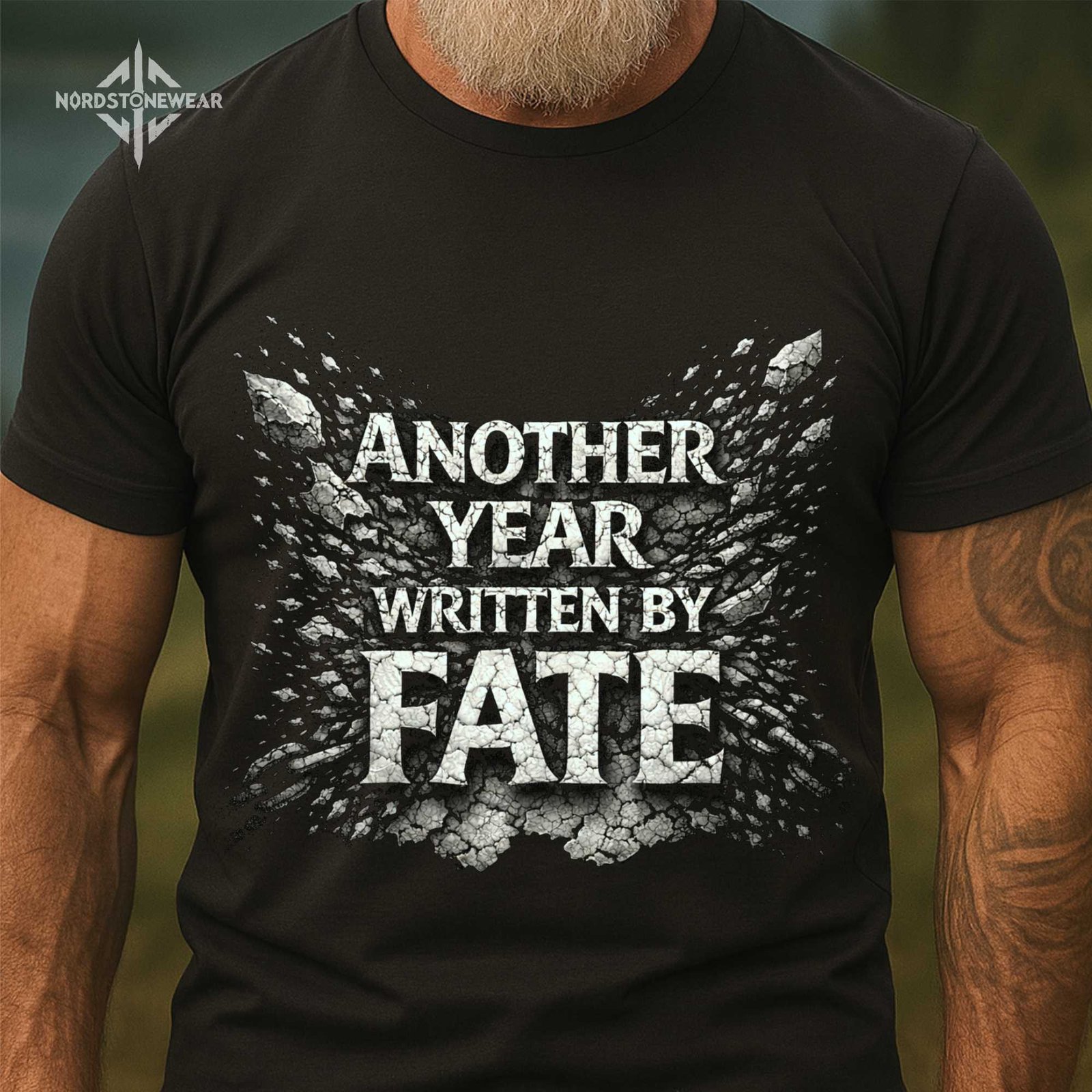 Another Year Written by Fate t shirt Viking warrior quote stone carved typography on black fabric